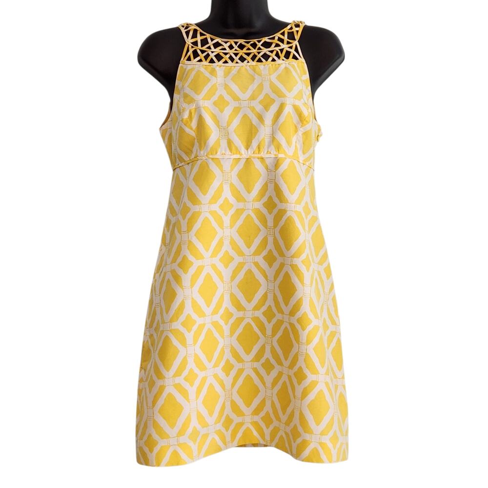 Lilly Pulitzer shift dress yellow & white bamboo print lattice neckline size 2